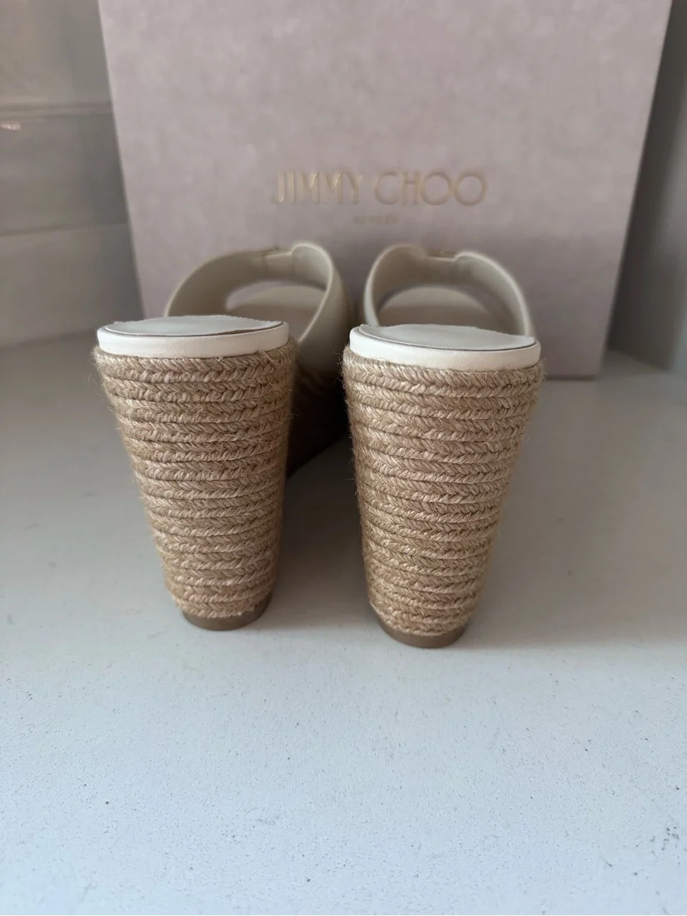 Jimmy Choo Leda Cream Leather Espadrille Wedge Sandals NIB